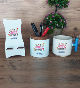 Coğrafya Öğretmeni Hediye Sepeti Kupa Bardak T Kulplu, Kalemlik ve Ahşap Telefon Standı Öğretmenler Günü Hediyesi (Model 3)