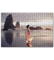 Cakapuzzle Sahilde Kayalıklar ve Pembe Elbiseli Kadın  Puzzle Yapboz MDF (Ahşap) (255 Parça)