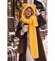 Kapşonlu Welsoft Peluş Bere - Atkılı - Polar Boyunluk Şalı Sıcaklık ve Şıklığın Buluşması (Sarı)