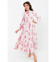 Desenli Yazlık Baharlık Keten Elbise 2103 (Pembe)