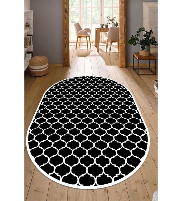 Dijital Baskılı Kaymaz Taban Yıkanabilir Oval Salon Halısı Mutfak Halısı Yolluk NDO-HT-545 (Siyah)