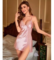 Intive Dantelli Saten İnce Askılı V Yaka Yandan Yırtmaçlı Mini Gecelik (441-459) (Pudra)