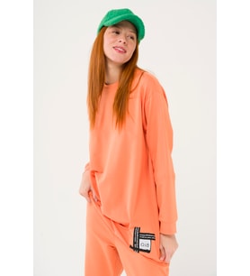 S-3991 Slogan Nakışlı Basic Oversize Sweatshirt Takım (Turuncu)
