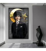 Metal Çerçeveli Atatürk Cam Tablo (Siyah)