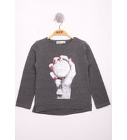 Toontoy Kız Çocuk El Baskılı T-Shirt (Antrasit Melanj)
