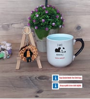 Sevimli Panda Kupa Bardak Beyaz ve Fotoğraflı Ahşap Anahtarlık Hediye (Model 10)