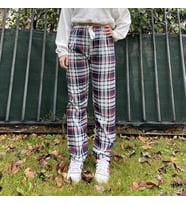 Kadın Pamuklu Ekose Desenli Pijama Altı Eşofman Kurdeleli Beyaz Lacivert Kare (Bordo-Lacivert)