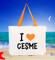 BK Gift I Love Çeşme Renkli Kulp Kanvas Plaj Çantası 48x40m, Baskılı Omuz Çantası, Alışveriş Çantası (Turuncu)