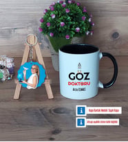 Göz Doktoru Kupa Bardak Beyaz ve Fotoğraflı Ahşap Anahtarlık Hediye (Model 11)
