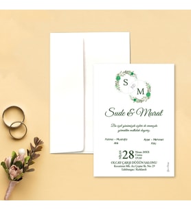Davetiye Zarf ve Baskı Dahil (Beyaz yada Kraft Zarflı) - Yeşil Çiçekli Tasarım - Nişan, Nikah, Kına, Düğün Davetiyesi (Beyaz)