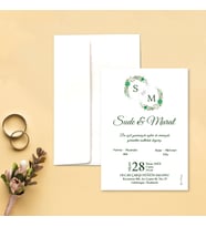 Davetiye Zarf ve Baskı Dahil (Beyaz yada Kraft Zarflı) - Yeşil Çiçekli Tasarım - Nişan, Nikah, Kına, Düğün Davetiyesi (Beyaz)