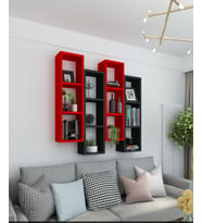 Kitaplık Modern Duvar Rafı Atlantik Çam Beyaz 4 Lü Takım (Kırmızı-Siyah)