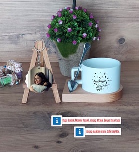 Doğum Günü Hediyesi Kupa Bardak Beyaz ve Fotoğraflı Ahşap Anahtarlık Hediye (Model 8)
