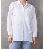 Oversize Çiçek Nakışlı Cotton Uzun Kollu Gömlek (Beyaz)