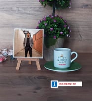 Erkek Türk Dili ve Edebiyatı Öğretmenine Hediye Fotoğraflı Dekoratif Taş, Ahşap Altlıklı Türk Kahvesi Fincanı Hediye (Model 9)