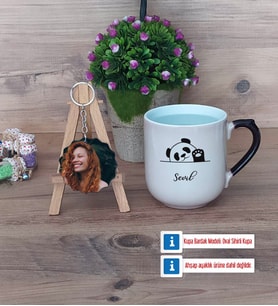 Sevimli Panda Kupa Bardak Beyaz ve Fotoğraflı Ahşap Anahtarlık Hediye (Model 10)