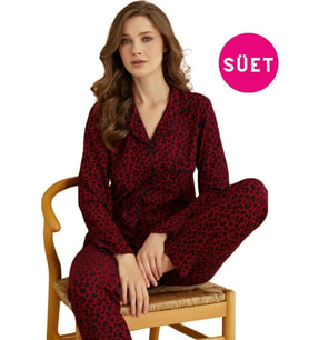 Kadın Gömlek Yaka Önden Düğmeli Saten Biyeli Süet Kışlık Uzun Kol Pijama Takımı (Bordo)