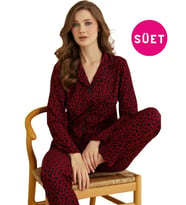 Kadın Gömlek Yaka Önden Düğmeli Saten Biyeli Süet Kışlık Uzun Kol Pijama Takımı (Bordo)
