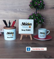 Maden Mühendisi Hediye Seti Dekoratif Taş, Kalemlik, Ahşap Altlıklı Türk Kahvesi Fincanı Hediye (Model 3)