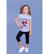 Toontoy Kız Çocuk Vişne Baskılı Taytlı Takım ( Gri-Melanj)