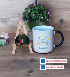 Doğum Günü Hediyesi Kupa Bardak Beyaz ve Fotoğraflı Ahşap Anahtarlık Hediye (Model 9)