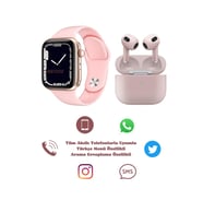 Tüm Akıllı Telefonlarla Uyumlu Yeni Nesil Watch 7 Series Akıllı Saat Smart Watch + 3.Nesil Bluetooth Kulaklık İkili Paket (Pembe)
