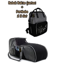 Portbebe Ana Kucağı Puset Bebek Taşıma + Anne Bebek Bakım Çantası 2 li Set (Koyu Gri)