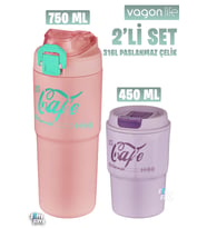 Vagonlife 2'li Çelik Termos-Kahve Bardağı Seti 750ML Çift Kullanım Termos//450ML Mug Kahve Bardağı (Mor-Pudra)