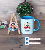 Kadın Polis Kupa Bardak Beyaz ve Fotoğraflı Ahşap Anahtarlık Hediye (Model 4)