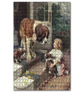 Cakapuzzle Sen Bernard, Yavru Köpekler ve Küçük Kız Puzzle Yapboz MDF (Ahşap) (500 Parça)