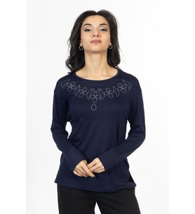 Yeni Model Taş İşlemeli Yuvarlak Yaka Likralı Anne Penye Bluz 6435 (Lacivert)