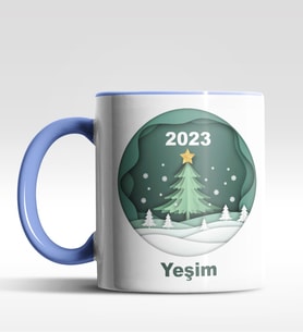 Kişiye Özel Çam Ağacı 2022 Tasarımlı Siyah Kupa (Mavi)