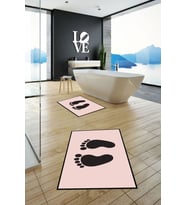 EVDEYA Baskılı Yıkanabilir Sade Ayak İzi Desenli İkili Banyo Halısı Klozet Takımı, KLOZET-21-BEYAZ, (Pembe)