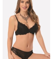 Kadın Dantelli Destekli Cuplı Balenli Push-up Takım - 4618 (Siyah)