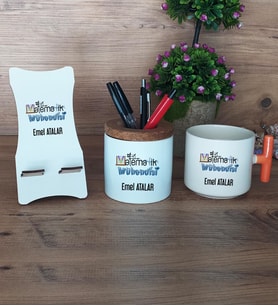 Matematik Mühendisi Hediye Sepeti Kupa Bardak T Kulplu, Kalemlik ve Ahşap Telefon Standı Mühendisler Günü Hediyesi (Model 7)