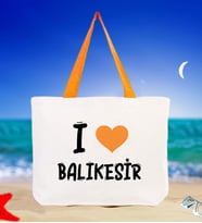 BK Gift I Love Balıkesir Renkli Kulp Kanvas Plaj Çantası 48x40m, Baskılı Omuz Çantası, Alışveriş Çantası (Turuncu)