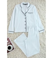 Tarz Rahat Uzun Kollu Geniş Paça %100 Pamuklu Çizgili Biyeli Örme Pijama Takımı (Açık Mavi)
