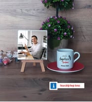 İngilizce Öğretmeni Fotoğraflı Dekoratif Taş, Ahşap Altlıklı Türk Kahvesi Fincanı Hediye (Model 3)
