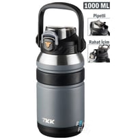 TKK 1000 ML Profesyonel Kamp Matarası/Çelik Termos Çift Kullanım Pipetli/Rahat İçim 12/24 Yalıtım -20311000 (Gri)