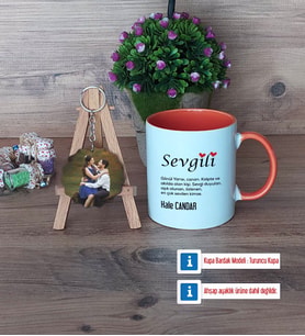 Sevgiliye Hediye Kupa Bardak Beyaz ve Fotoğraflı Ahşap Anahtarlık Hediye (Model 13)