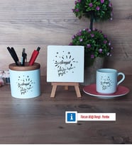 Doğum Günü Hediyesi Hediye Seti Dekoratif Taş, Kalemlik, Ahşap Altlıklı Türk Kahvesi Fincanı Hediye (Model 6)