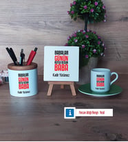 Babalar Günü Hediyesi Hediye Seti Dekoratif Taş, Kalemlik, Ahşap Altlıklı Türk Kahvesi Fincanı Hediye Babaya Hediye (Model 9)