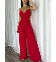 İthal Krep Kumaş Askılı Geniş Paça Tulum Elbise (Renk Seçenekli) (Kırmızı)