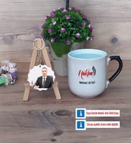Hakim Kupa Bardak Beyaz ve Fotoğraflı Ahşap Anahtarlık Hediye (Model 10)