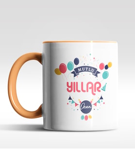 Kişiye Özel Mutlu Yıllar Tasarımlı Siyah Kupa (Turuncu)