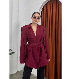 Kadın Oversize Blazer Ceket Kuşaklı Omuz Detaylı (Bordo)