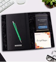 Kişiye Özel Siyah Defter & Gümüş Renk Detaylı Tükenmez Kalem & Selamlıque Türk Kahvesi Hediye Seti (Model 4)