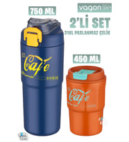 Vagonlife 2'li Çelik Termos-Kahve Bardağı Seti 750ML Çift Kullanım Termos//450ML Mug Kahve Bardağı (Lacivert-Turuncu)