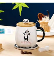 400ml Sevimli Süpriz Panda Seramik Kapaklı Kaşıklı Kupa Bardak (Siyah)