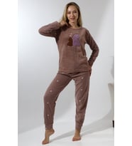 Fawn 5015 Peluş Welsoft Polar Kışlık Ayıcıklı Yumoş Kadın Pijama Takımı (Vizon)